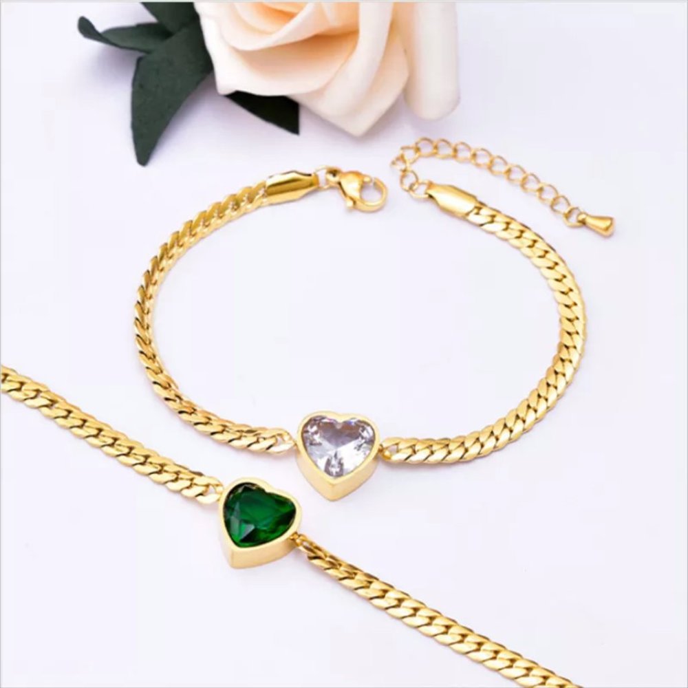 Gold Love Heart Shape Stainless Steel Gemstone Bracelet NEW